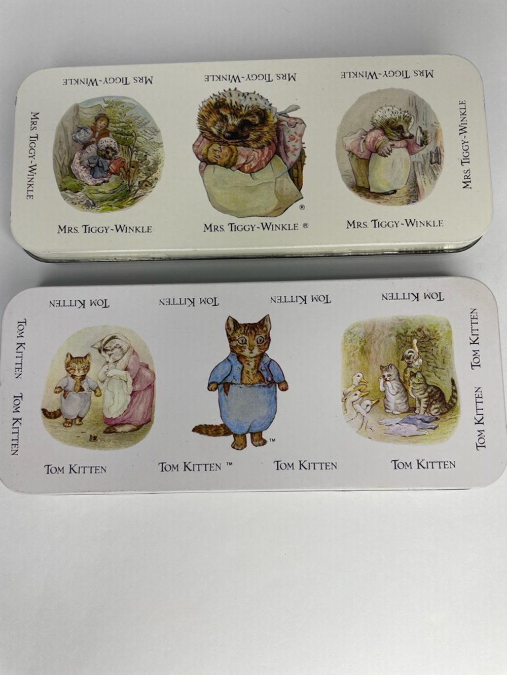 1987 Hunkydory Beatrix Potter Mrs Tiggy Winkle & Tom Kitten Pencil Tins England
